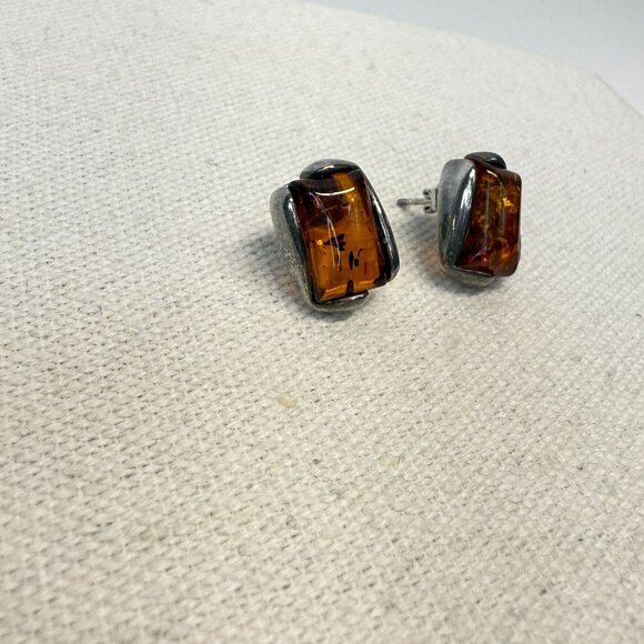 Sterling Silver Honey Baltic Amber Rectangular‎ Stud Earrings Marked - Picture 9 of 16